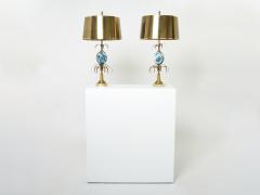 Maison Charles Maison Charles pair of brass lamps blue ostrich egg original shades 1960s - 2703894