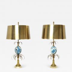 Maison Charles Maison Charles pair of brass lamps blue ostrich egg original shades 1960s - 2709328