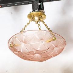 Maison Degu Art Deco Pendant Chandelier in Molded Frosted Rose Glass signed Degue - 3443234