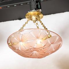 Maison Degu Art Deco Pendant Chandelier in Molded Frosted Rose Glass signed Degue - 3443255