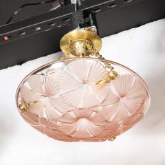 Maison Degu Art Deco Pendant Chandelier in Molded Frosted Rose Glass signed Degue - 3443257