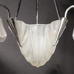 Maison Degu Art Deco Three Arm Skyscraper Frosted Glass Nickel Chandelier signed Degu  - 3197822