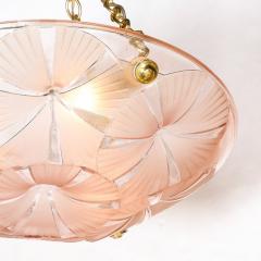 Maison Degu Pair of Art Deco Pendant Chandeliers in Molded Frosted Rose Glass signed Degue - 3443140