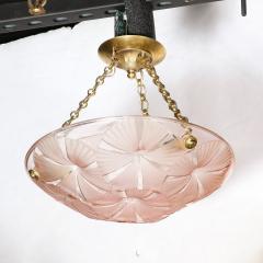 Maison Degu Pair of Art Deco Pendant Chandeliers in Molded Frosted Rose Glass signed Degue - 3443280