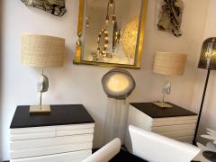 Maison Jansen Contemporary Pair of Brass Lamps Blue Agate Stone Rattan Shades Italy - 2755586