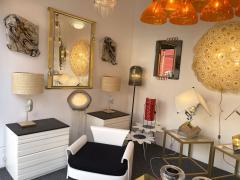 Maison Jansen Contemporary Pair of Brass Lamps Blue Agate Stone Rattan Shades Italy - 2755592