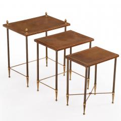 Maison Jansen French Brass Leather Nesting Tables in the Manner of Maison Jansen C 1960 - 4641091