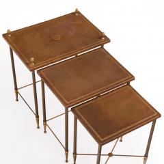 Maison Jansen French Brass Leather Nesting Tables in the Manner of Maison Jansen C 1960 - 4641092
