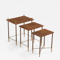 Maison Jansen French Brass Leather Nesting Tables in the Manner of Maison Jansen C 1960 - 4642387