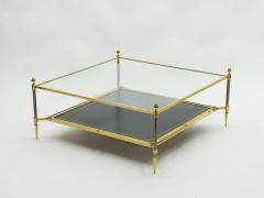 Maison Jansen French two tier Maison Jansen brass leather glass coffee table 1970s - 1555243