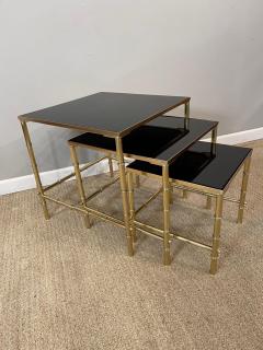 Maison Jansen Jansen Brass Faux Bamboo Set of 3 Nesting Tables with Black Vitrolite Glass - 2483223