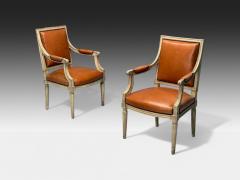 Maison Jansen Louis XVI Style Arm Chairs Distressed Wood Cognac Leather France 1950s - 3984592