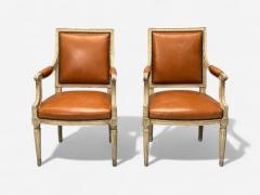 Maison Jansen Louis XVI Style Arm Chairs Distressed Wood Cognac Leather France 1950s - 3984595