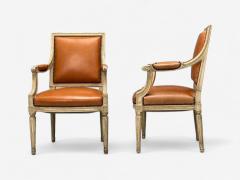 Maison Jansen Louis XVI Style Arm Chairs Distressed Wood Cognac Leather France 1950s - 3984597