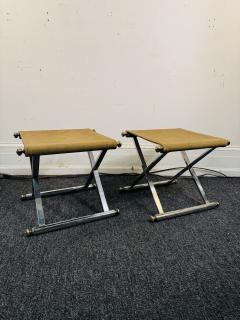 Maison Jansen MODERNIST PAIR OF CHROME BRASS KNOB SUEDE SEAT X STOOLS - 4348511