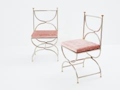 Maison Jansen Maison Jansen 12 curule chairs steel brass pink velvet 1960s - 3550487
