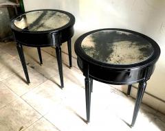 Maison Jansen Maison Jansen Signed Pair of Side Blackened Wood Tables with Oxidized Mirror Top - 375556