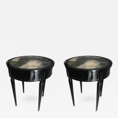 Maison Jansen Maison Jansen Signed Pair of Side Blackened Wood Tables with Oxidized Mirror Top - 376474