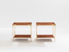 Maison Jansen Maison Jansen pair of two tier side tables brass brown leather 1960s - 4410048