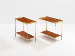 Maison Jansen Maison Jansen pair of two tier side tables brass brown leather 1960s - 4410049