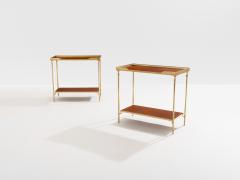 Maison Jansen Maison Jansen pair of two tier side tables brass brown leather 1960s - 4410051