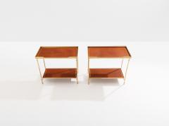 Maison Jansen Maison Jansen pair of two tier side tables brass brown leather 1960s - 4410056