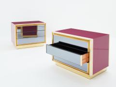 Maison Jansen Maison Jansen raspberry lacquer brass mirrored nightstands 1970s - 3487214