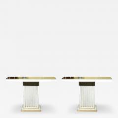 Maison Jansen Pair Maison Jansen Painted and Eglomise Emerald Green Glass Top Console Tables - 2957086