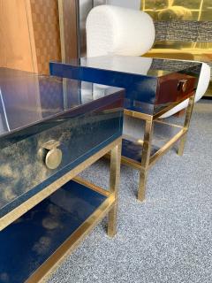 Maison Jansen Pair of Blue Lacquered and Brass Side Tables by Maison Jansen France 1970s - 1675697