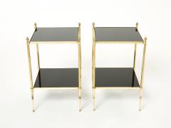 Maison Jansen Pair of French Maison Jansen brass black glass two tier end tables 1960s - 2232819