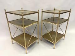 Maison Jansen Pair of French Modern Neoclassical Brass Verre Eglomisse 3 Tier Side Tables - 3478530
