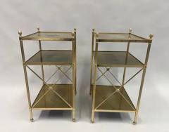 Maison Jansen Pair of French Modern Neoclassical Brass Verre Eglomisse 3 Tier Side Tables - 3478552
