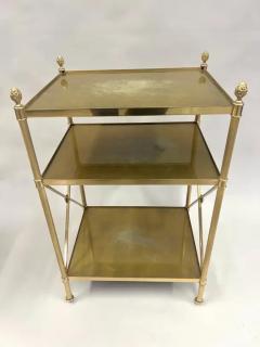 Maison Jansen Pair of French Modern Neoclassical Brass Verre Eglomisse 3 Tier Side Tables - 3478557