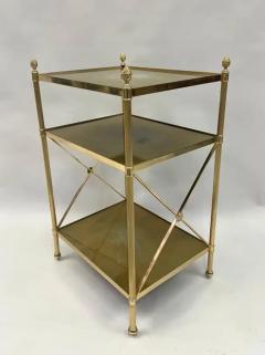 Maison Jansen Pair of French Modern Neoclassical Brass Verre Eglomisse 3 Tier Side Tables - 3478562
