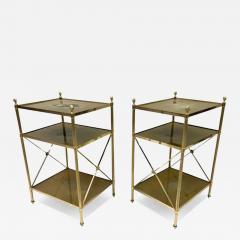 Maison Jansen Pair of French Modern Neoclassical Brass Verre Eglomisse 3 Tier Side Tables - 3479833