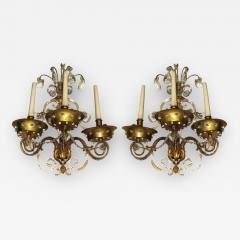 Maison Jansen Pair of French Modern Neoclassical Brass and Crystal Sconces by Maison Jansen - 1845827