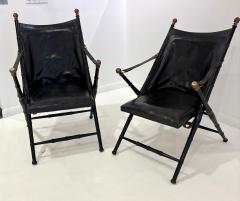 Maison Jansen Pair of Leather and Ebonized Pear Wood Folding Chairs by Maison Jansen - 4395149