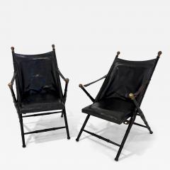Maison Jansen Pair of Leather and Ebonized Pear Wood Folding Chairs by Maison Jansen - 4395463