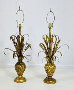 Maison Jansen Pair of Maison Jansen Style Gilt Metal Lamps with Cattail Motif France 1950s - 4202538