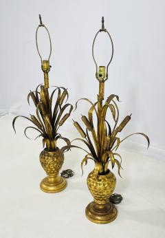 Maison Jansen Pair of Maison Jansen Style Gilt Metal Lamps with Cattail Motif France 1950s - 4202540