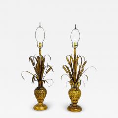 Maison Jansen Pair of Maison Jansen Style Gilt Metal Lamps with Cattail Motif France 1950s - 4203729