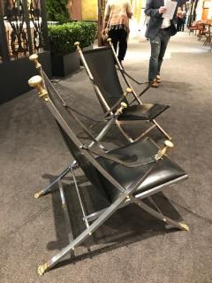 Maison Jansen Pair of polished steel and leather folding chairs in the style of Maison Jansen - 1184249