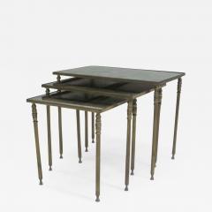 Maison Jansen Set 3 French Mid Century Modern Brass Mirror Nesting Tables by Maison Jansen - 1821671