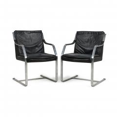 Maison Jansen Set of 2 French Mid Century Steel and Black Leather Armchairs by Maison Jansen - 4708825