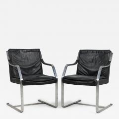 Maison Jansen Set of 2 French Mid Century Steel and Black Leather Armchairs by Maison Jansen - 4708909