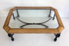 Maitland Smith Embossed Leather Wrapped Perimeter Iron Coffee Table Inset Beveled Glass Top - 4605932