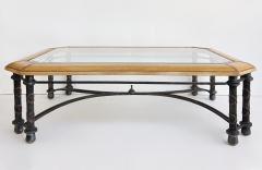 Maitland Smith Embossed Leather Wrapped Perimeter Iron Coffee Table Inset Beveled Glass Top - 4605934