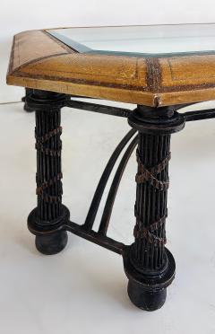Maitland Smith Embossed Leather Wrapped Perimeter Iron Coffee Table Inset Beveled Glass Top - 4605936