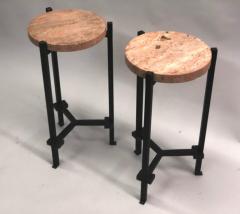 Marc Du Plantier Pair of French Wrought Iron Travertine Crystal Side Tables Marc du Plantier - 2372238