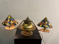 Marc Errol RARE MODERNIST BRASS ART DECO LAMP ENAMELED FLOWER GLASS SHADES BY MARC ERROL - 4353578